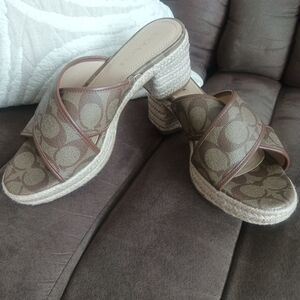 Coach Brown Monogram Espadrille Platform Slide Sandals